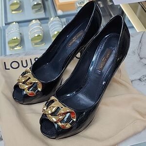 Authentic Louis Vuitton Green Vernis & Gold Peep Toe Pumps Heels shoes SZ 36